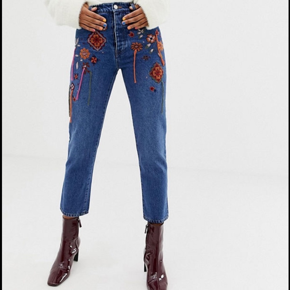 ASOS Floral Embroidered Straight Leg Blue Jeans Sz 26 Ankle High Rise Tassel EUC - Picture 13 of 13